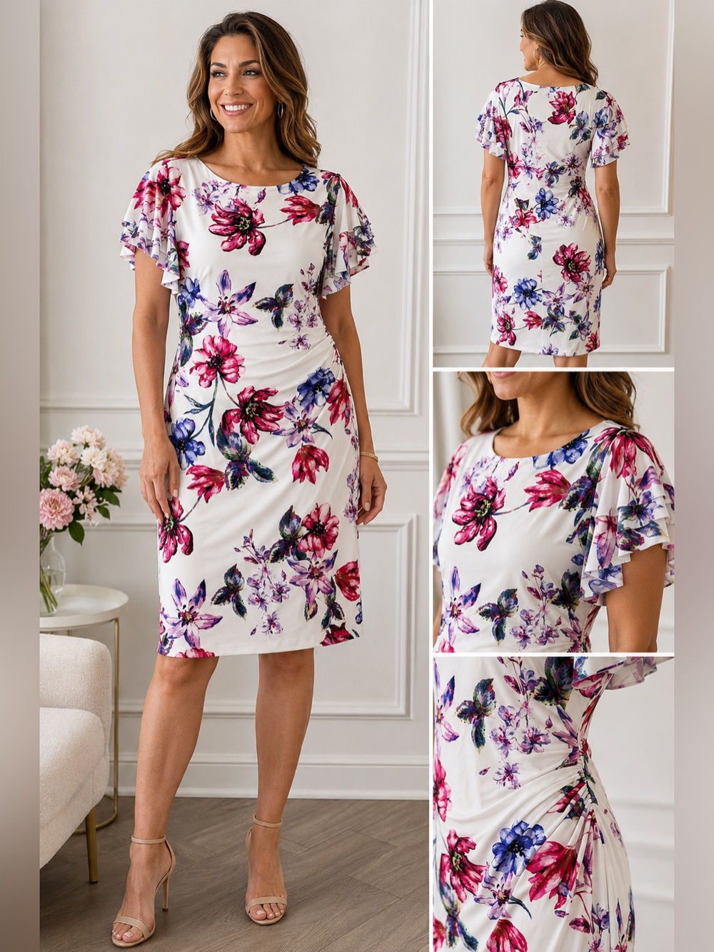 Lauren Ralph Lauren Floral Ruched Sheath Dress  Flutter Sleeve Size 14